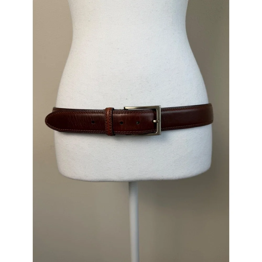 Mens Top Grain Leather Belt 36 / 90 Brown Solid Brass Buckle Casual Dress Preppy